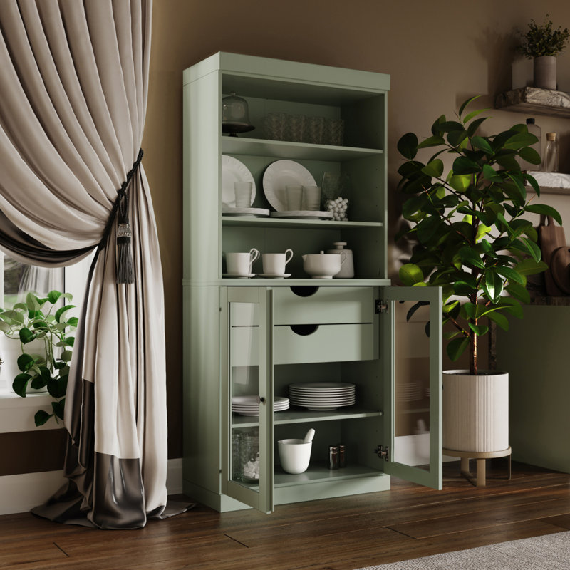 Garde-manger 100% bois massif Kaniesha 32 po avec portes en verre transparent, 2 tiroirs et tablettes réglables, Sauge