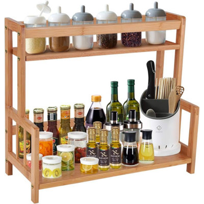 Support de cuisine pour comptoir de cuisine, support d'assaisonnement en bambou - support de rangement pour station de café, tablette de comptoir, support de rangement à 2 couches, sirop en bois Retro Country, pots à sauce, support à épices et cosmétiques