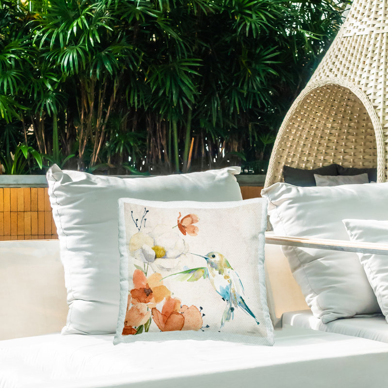 Fluttering Bird & Florals Outdoor Printed Pillow by Carol Robinson