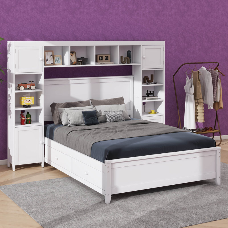 Lit double fonctionnel en bois avec armoire intégrée et étagère, Blanc