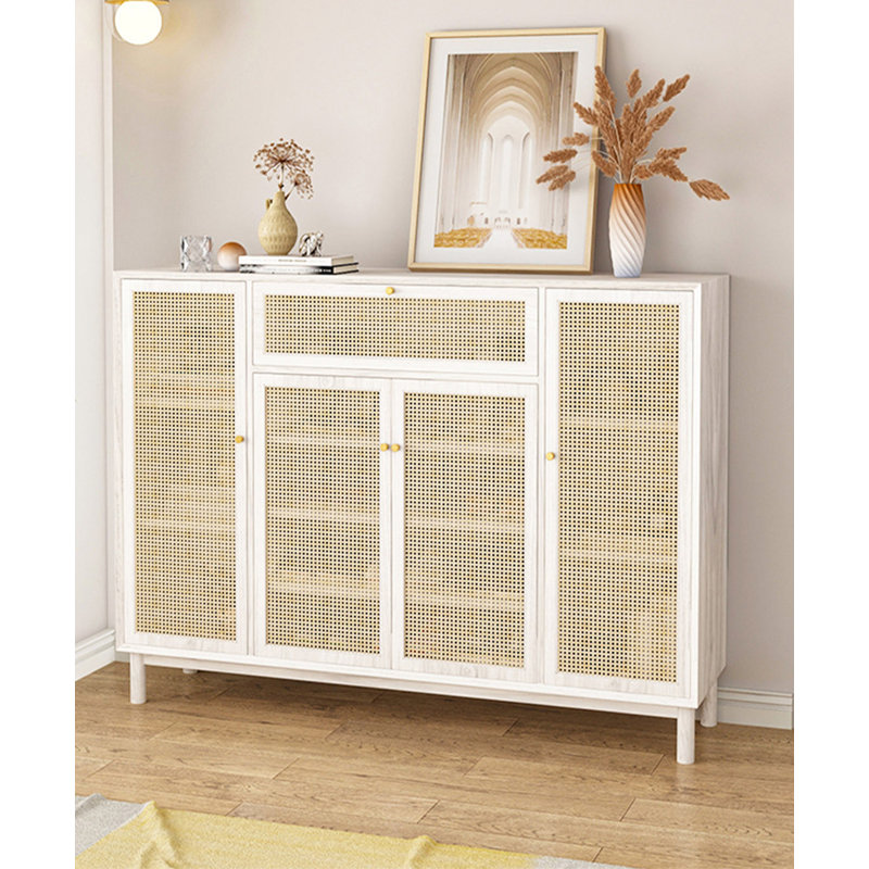 Armoire à chaussures minimaliste en bois massif de rotin moderne, Ivory/Natural