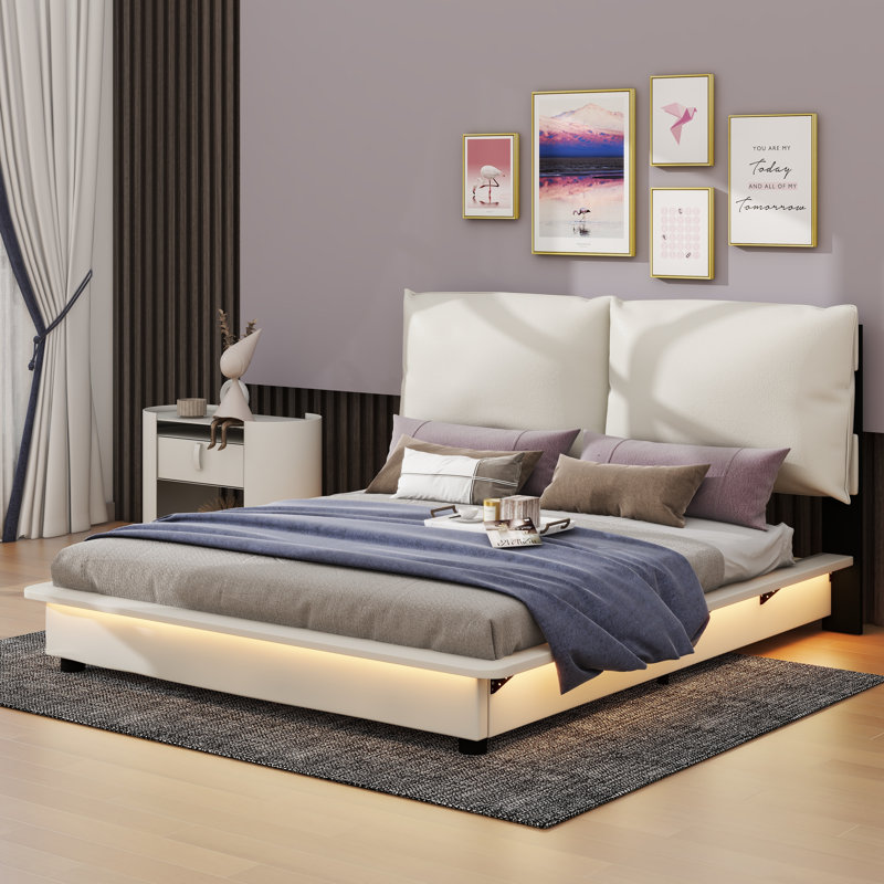 Lit plateforme tapissier Kailanni avec capteur de lumière et dossiers ergonomiques, Grand, Blanc