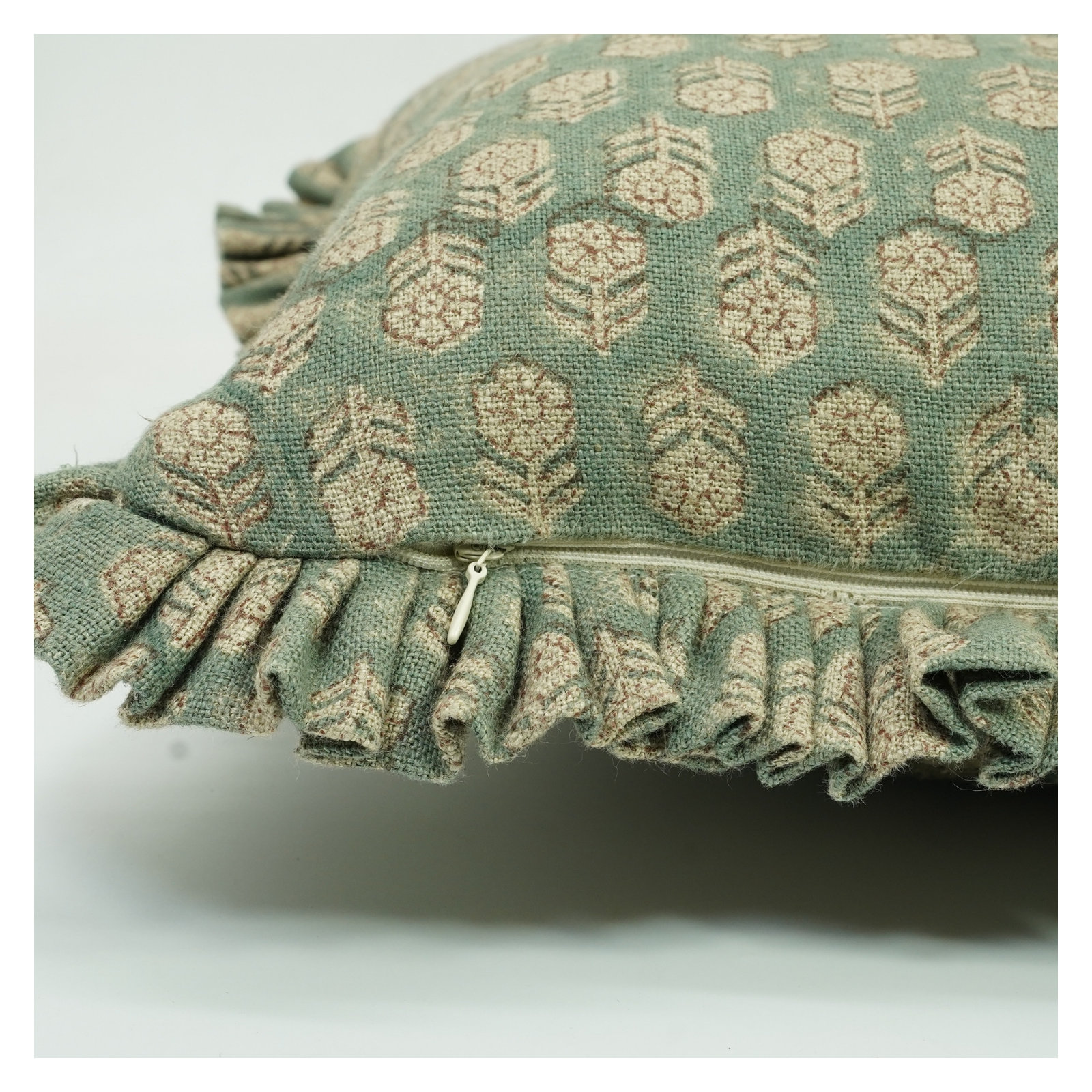 Fabdivine Block Print Handmade Frill Pillow Cover, Linen Floral Printed, 16"H x 16"W, Green Floral/Block Print