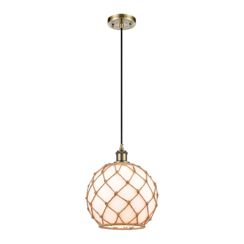 Luminaire suspendu en cloche 1 lumière avec accents de corde Cottrell, H 13 po x l 10 po x P 10 po, Verre blanc / corde brune