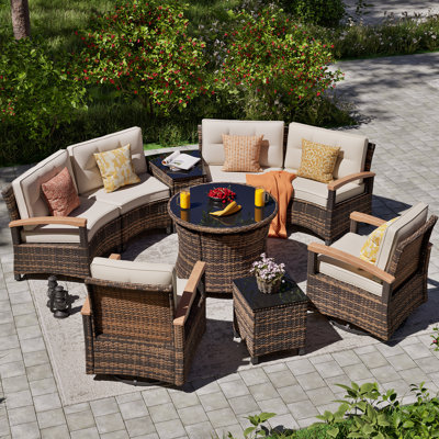 9 Piece Outdoor Patio Furniture Set, Half-Moon Curved Sectional Sofa Rattan Conversation Set With 2 Wood Armrests Swivel Rocker Chairs, Round Coffee Table & Side Table