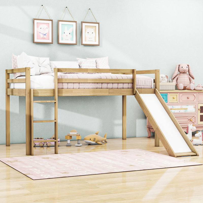 Twin Wood Low Loft Bed With Slide, Ladder And Guardrails, Natural