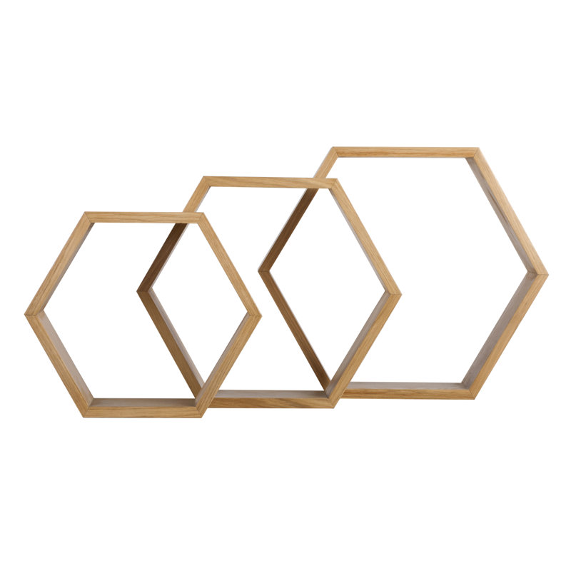 Tablettes flottantes hexagonales Universal Expert Abacus (3 pièces), petites, moyennes et grandes, chêne