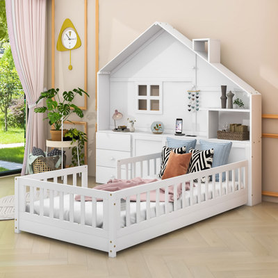 Ahyonna Lazelle 2 Drawers Wood House-Shape Platform Bed with Shelves and a set of Sockets