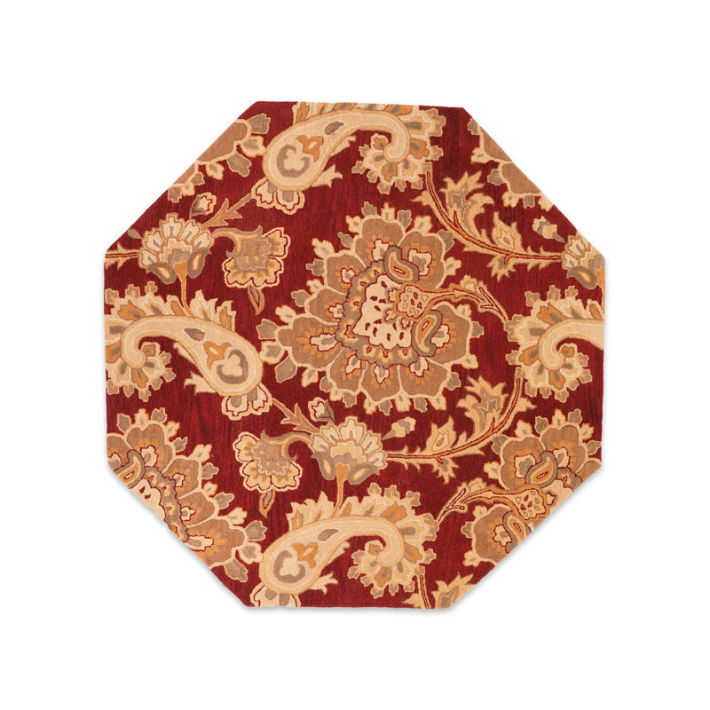 HAND TUFTED WOOL ECO-FRIENDLY AREA RUGS - Octagon | Dark Red Color | Floral Design | 8x8 Area Rugs for Living room, Bedroom