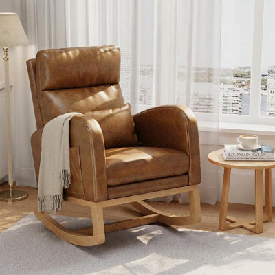 PU Leather Rocking Chair without Footrest, Modern Nursery Glider with Side Pockets & Pillow, Wooden Rocker for Living Room, Bedroom, Nursing Room by George Oliver