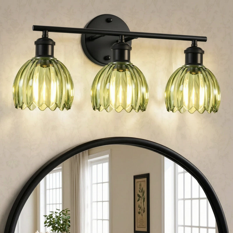 Luminaire de salle de bain moderne 19,3 pouces à 3 lumières en noir mat avec abat-jour en verre tulipe vert, Vert, Noir mat