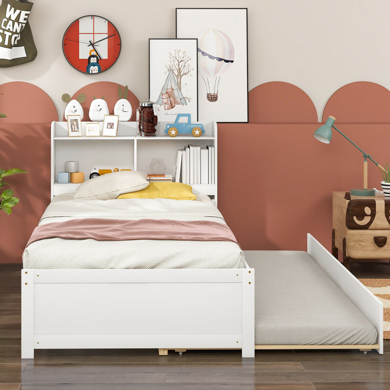 Élégant lit simple avec lit gigogne et bibliothèque en blanc - Rehaussez le style de votre chambre à coucher en ajoutant une touche d'élégance au décor