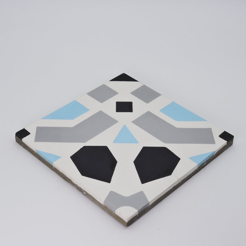 Azilal 8" x 8" Cement Patterned Wall & Floor Tile, Sky Blue/Black/White