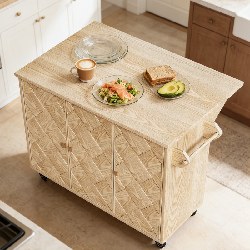 51.2"W Solid Wood Kitchen Island Cart - Rolling Kitchen Prep Table With Drop Leaf,Towel Rack,Storage Cabinet & Adjusted Shelf, Natural Wood