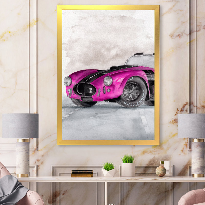 «Beautiful Old Magenta Car on Grey», peinture sur toile, H 32 po x l 16 po x P 1 po, Cadre doré