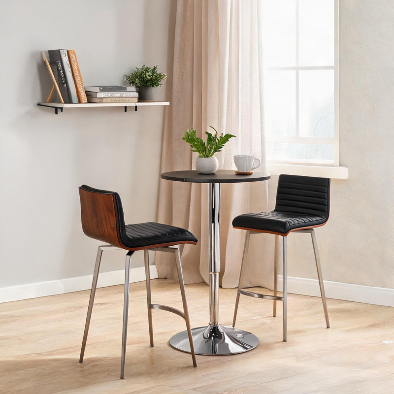 Ensemble de salle à manger à hauteur de comptoir Mid-Century avec tabourets pivotants, table chromée réglable, plateau en bois brun, similicuir noir, 3 pièces