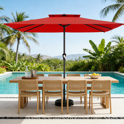 8×10FT All-Steel 2-Tier Air Vent Rectangular Patio Umbrella, UPF 50+ UV Protection, Crank Handle, 8 Heavy Duty Ribs, Outdoor Market Umbrella for Garden, Pool, Backyard, Red