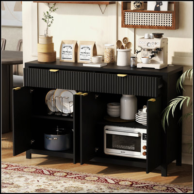 Modern Wave-Pattern Sideboard Cabinet With 2 Drawers, 4 Doors, 3-Level Adjustable Shelves, And Aluminum Arc Handles, Scandinavian Style, Suitable For Entryway, Living Room, Foyer