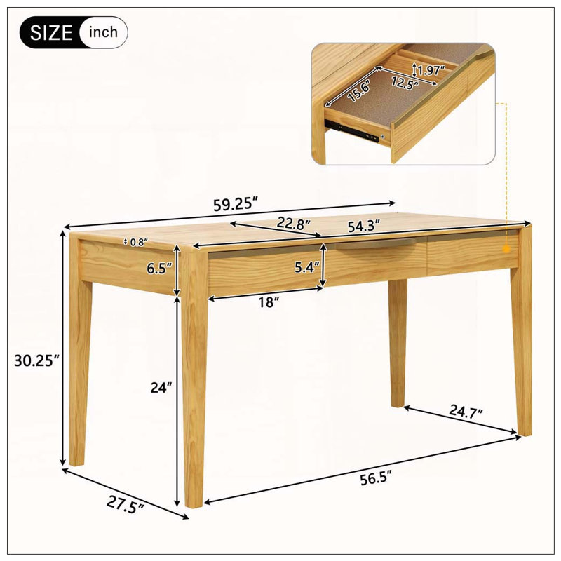 Bureau 59 po avec tiroirs de rangement et design moderne, L 59,25 po, Natural