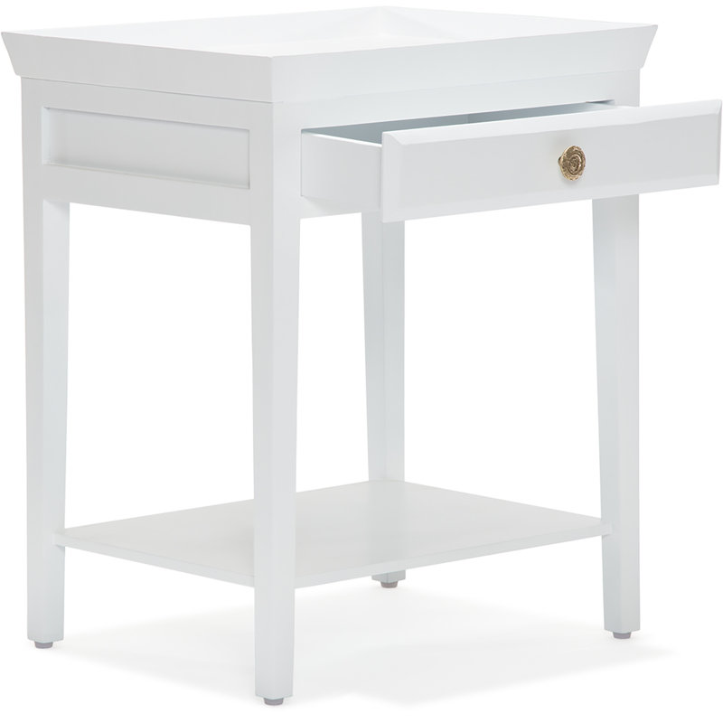 White and Gold Solid Wood Rectangular Bedside Table with Drawer