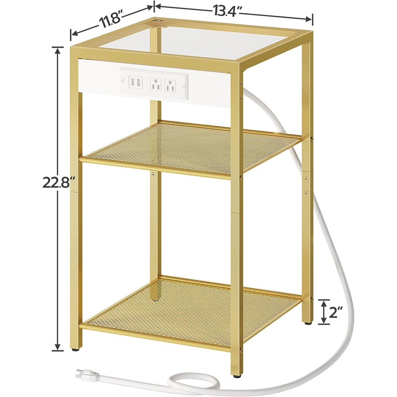 Phelgon Glass Top End Table Set and Built-In Outlets, Gold