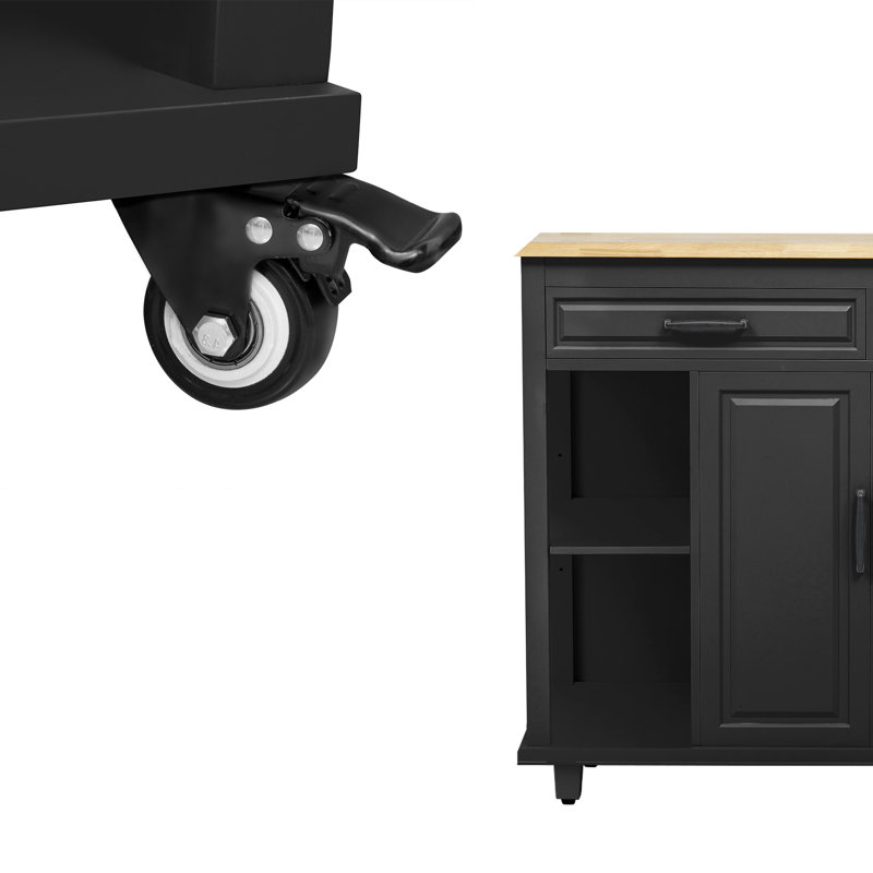 Black Rubber Wood Veneer Kitchen Island With Internal Storage Rack, 13.8"X41.7" Table, 6+2 Wheels, For Organization Extendable 47.2" Dimension, Top, Cabinets, Power Outlet, Mobile Function