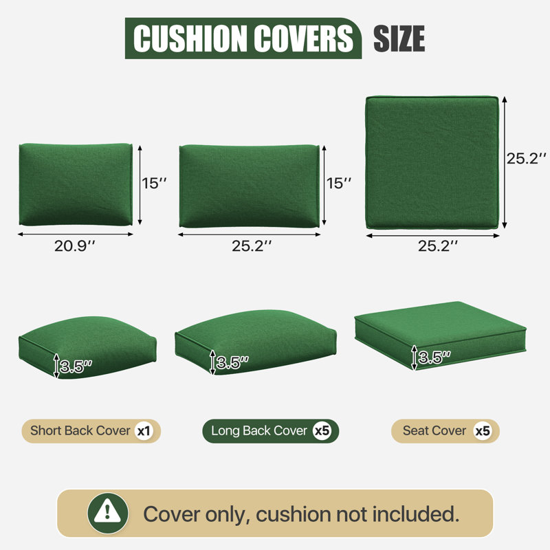 11-Pcs Outdoor Patio Cushion Cover Set  For 5-Seat Sectional Sofa, Covers Only, Green