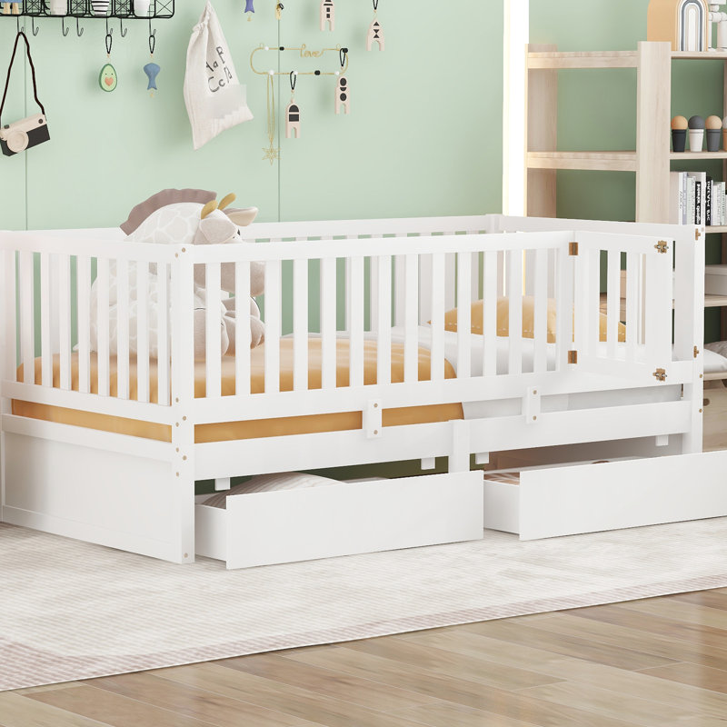 Lit de jour simple blanc avec garde-corps et tiroirs, peu encombrant dans la chambre à coucher, pouvant se diviser en deux lits, coffre-fort pour les frères et sœurs convertible en lit au sol, petits enfants confortables, pin de qualité