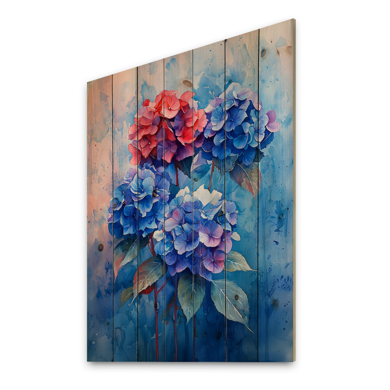 Hydrangées bleues et rouges dans un style graffiti, Hortensia II - Art mural en bois d'hortensias - sur bois de pin naturel