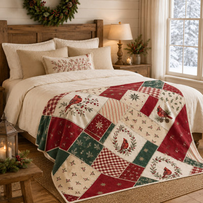 Christmas Patchwork Cardinal Throw Blanket with Red and Green Plaid, Wreaths, Berries and Snowflake Motifs, Flannel Layer for Sofa and Bedroom, 30 x 40 in