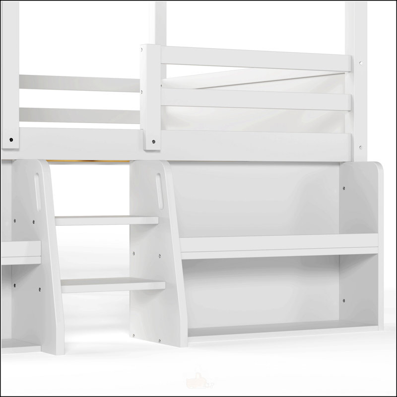 Lit mezzanine pleine grandeur avec tablettes et escaliers de rangement, lit mezzanine maison avec toit en forme de maisonnette et fenêtre, conception enfantine et sans sommier, blanc