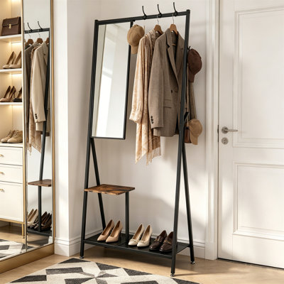 Coat Rack With Mirror, Multifunctional Hall Tree With Shoe Storage, Metal Frame, For Living Room Bedroom, Industrial Style