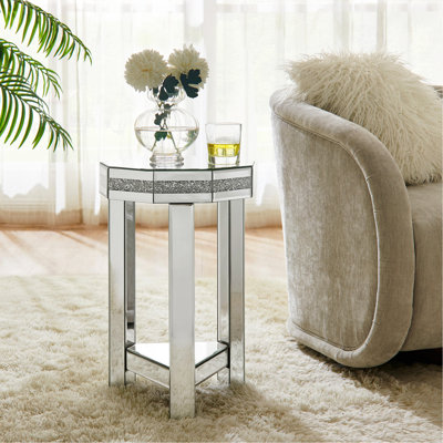 Table de bout à miroir en octogone avec incrustation de cristaux, petit canapé moderne à 2 niveaux avec rangement, table d'appoint décorative argentée pour le salon, la chambre à coucher, le café et les petits espaces l 13,8 po x P 13,8 po x H 21 po
