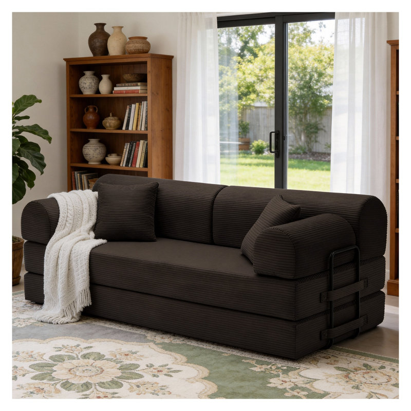 Corduroy Convertible Sleeper Sofa Bed - 3-Seat Floor Lounge Couch with Folding Mattress for Living Room & Bedroom, Brown