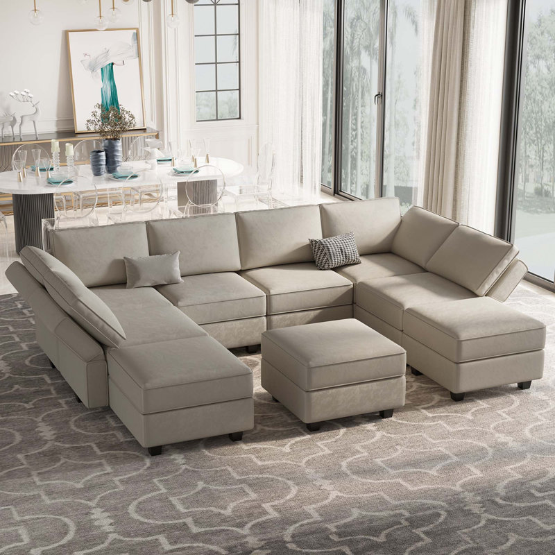 Wylodene 116.6'' Variable Module Velvet Sofa Bed Sectional U Shape Couch with Storage Seat Ottoman, Gray Velvet