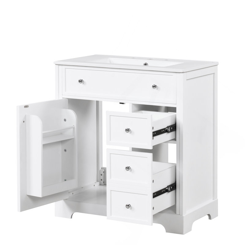 Meuble-lavabo 30 po avec comptoir, meuble-lavabo avec porte et deux tiroirs, planches en panneau de fibres à densité moyenne, bois massif, un paquet, blanc