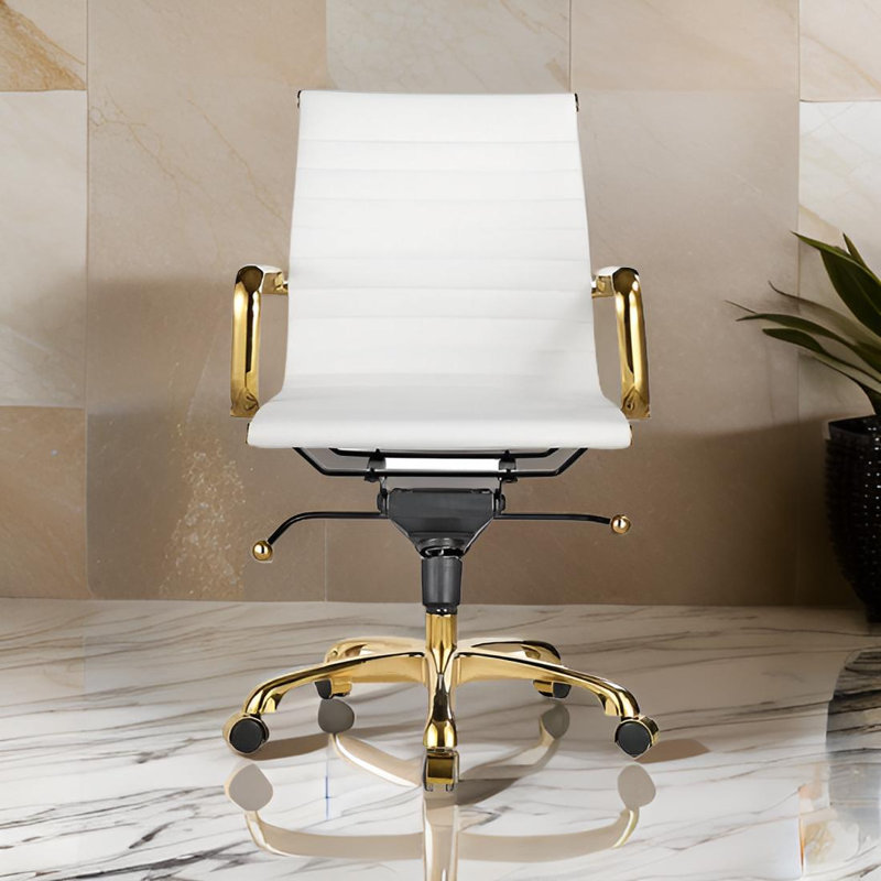 Chaise de bureau Toni à dossier bas avec structure dorée, Blanc