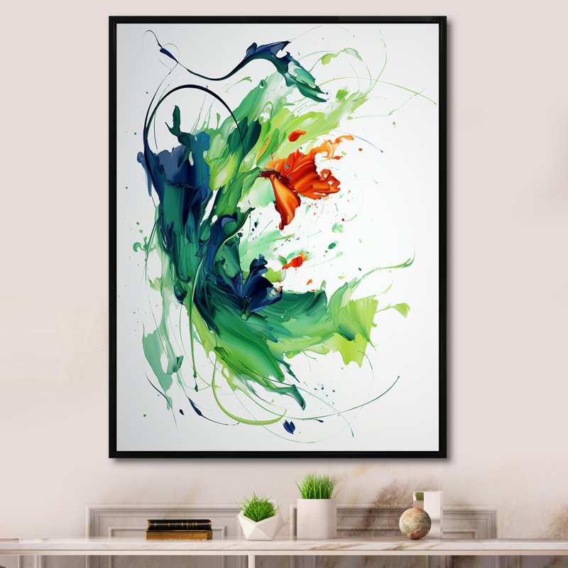 Peinture abstraite verte et blanche II - art mural abstrait, Cadre doré simple, H 40 po x l 30 po x P 1,5 po