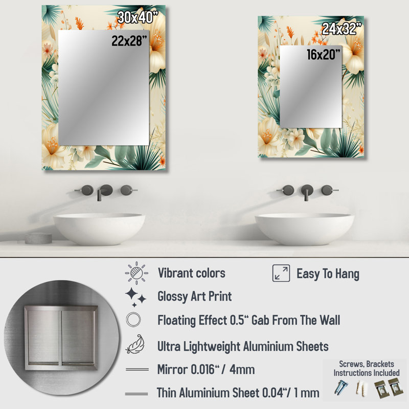 Amania Seashell Serenity Tropical Pattern - Coastal Decorative Wall Mirror, Nautical Mirror, Printed Metal Art, 40" x 30"