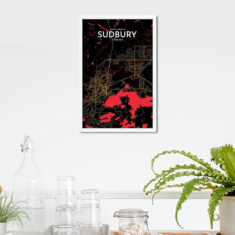 Sudbury City Map, impression, H 17 po x l 11 po, Noir / rouge / jaune