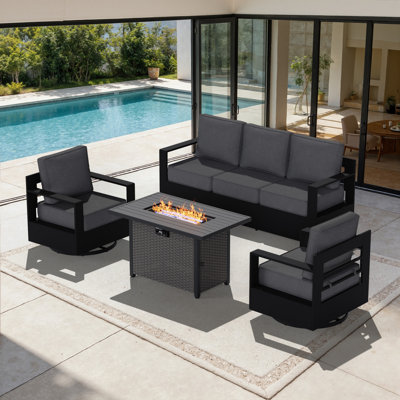 Abdullah 5-Person Modern Aluminum Patio Furniture Set with Fire Pit Table,  3-Seat Sofa, 2 Swivel Chairs and 6 Inch Grey Cushions