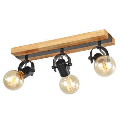 Luminaire sur rail 3 lumières de style campagne moderne à 3 lumières - Plafonnier semi-encastré en métal noir avec accents en bois, réglable à 350 ° pour îlot de cuisine et salle à manger