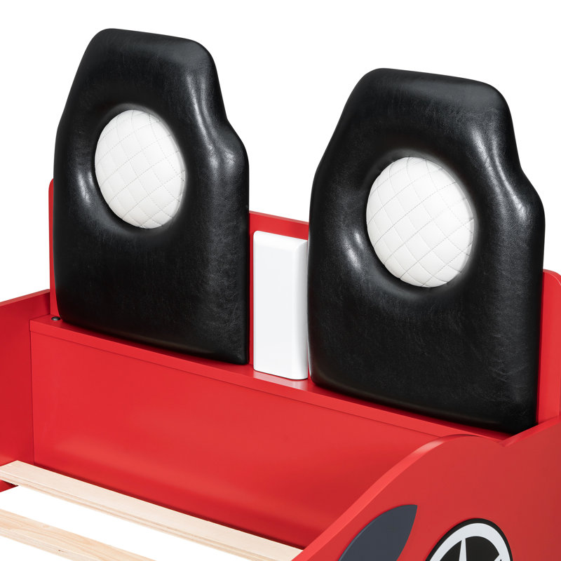 Lit simple rouge avec design de voiture de course et conduit sous le lit, dossier confortable, taille lueur