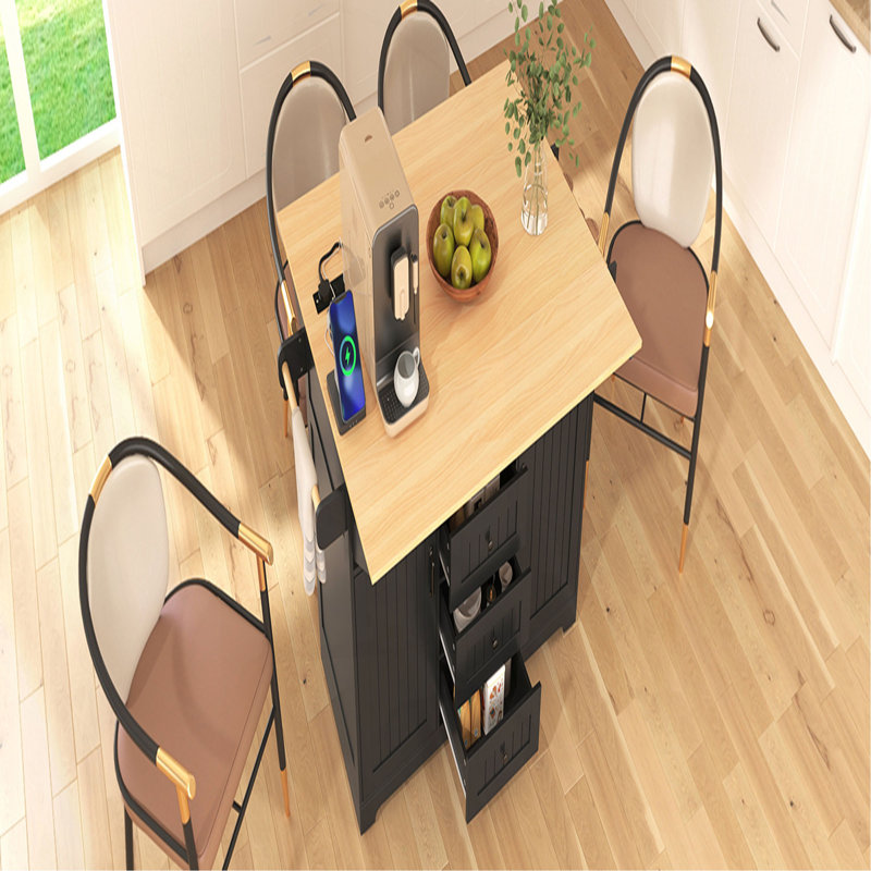 Grand îlot de cuisine 55,7 po avec 2 abattants, chariot de cuisine roulant sur 5 roulettes avec prise de courant, table de salle à manger pliante avec porte-épices et porte-serviettes, 3 tiroirs, pour la cuisine, la salle à manger