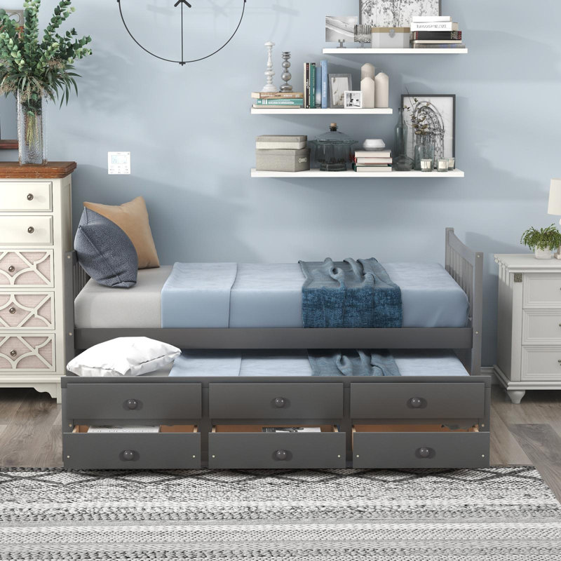 Coverson Twin Storage Platform Bed, Solid Wood Bed with 6 Drawers, Dark Gray
