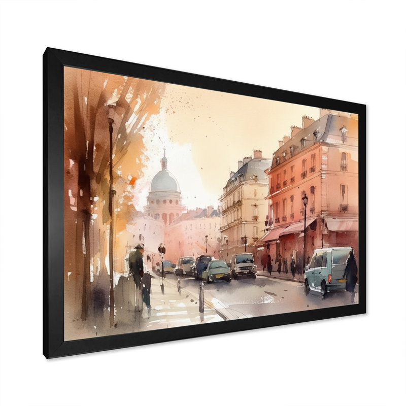 Aquarelle de Paris, France III - impression, Cadre simple noir, H 24 po x l 32 po x P 1 po