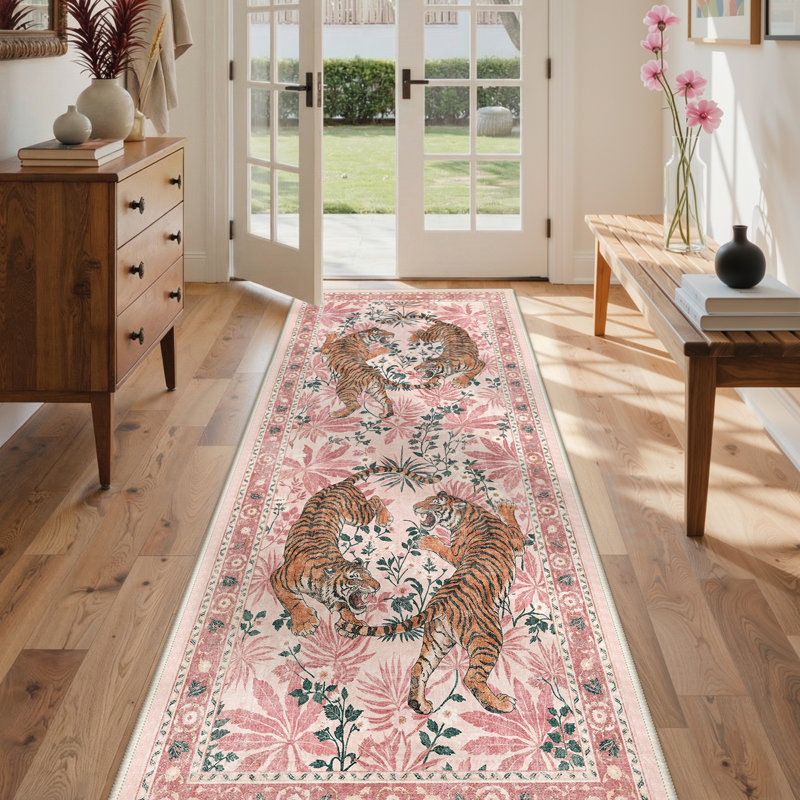 Gemini Oriental Machine Washable Red Indoor Area Rug with Non-Slip Backing, Runner 2'6" x 8', Pink