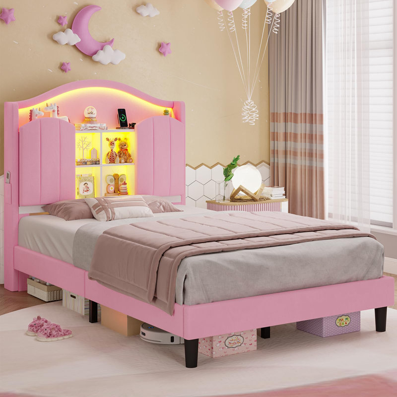 Twin Bed With Upholstered Storage Headboard, Princess Twin Platform Bed With Led Lights & Charging Station,No Box Spring Needed,Noise-Free