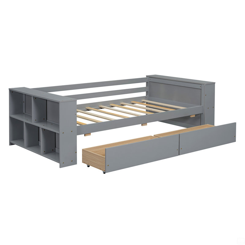 Lit de jour simple avec tablettes et tiroirs, Gris