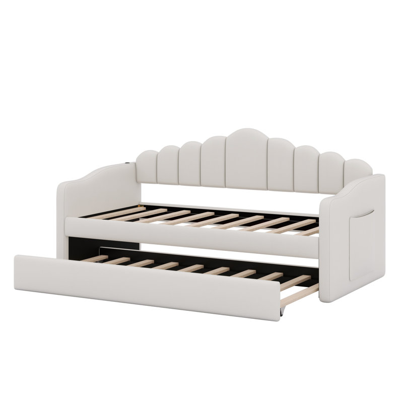 Upholstered Daybed With Trundle, Beige
